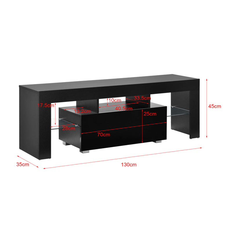 Szkic wymiarowy Stolik pod telewizor LED Grimsey 130x35x45 cm z szufladą szklaną półką biały/czarny en.casa