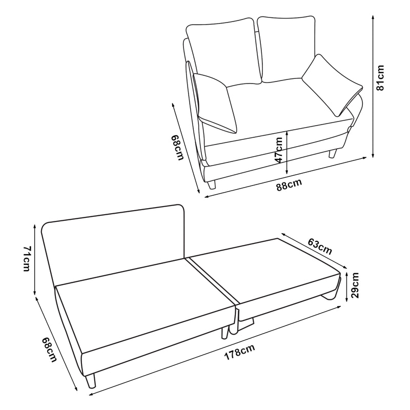 Szkic wymiarowy Sofa rozkładana 1-osobowa Seinlus [en.casa]