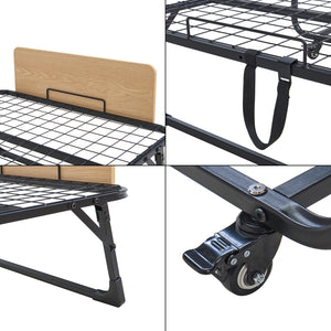 Metalowe łóżko składane Lustendi z materacem 200x90cm czarny/dąb [en.casa]