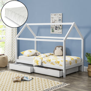 Łóżko dziecięce Lund 90x200 cm z materacem z zimnej pianki drewno sosnowe biały en.casa