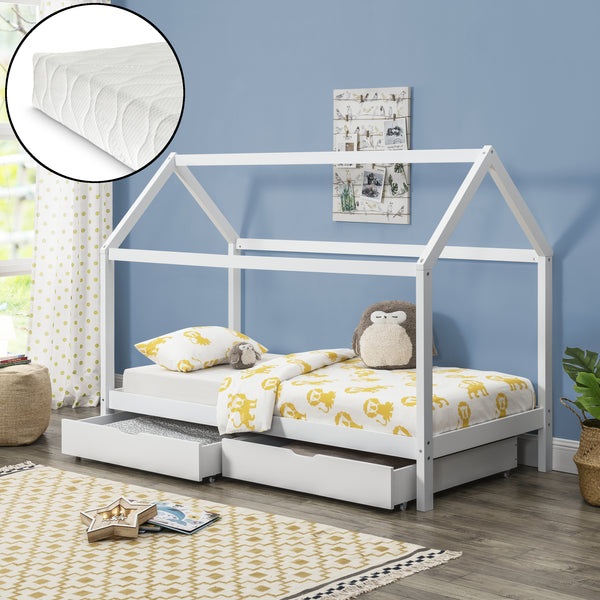 Łóżko dziecięce Lund 90x200 cm z materacem z zimnej pianki drewno sosnowe biały en.casa