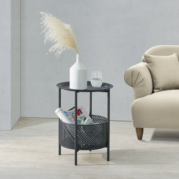 Kruibeke stolik boczny 46x35cm z koszem czarny [en.casa]