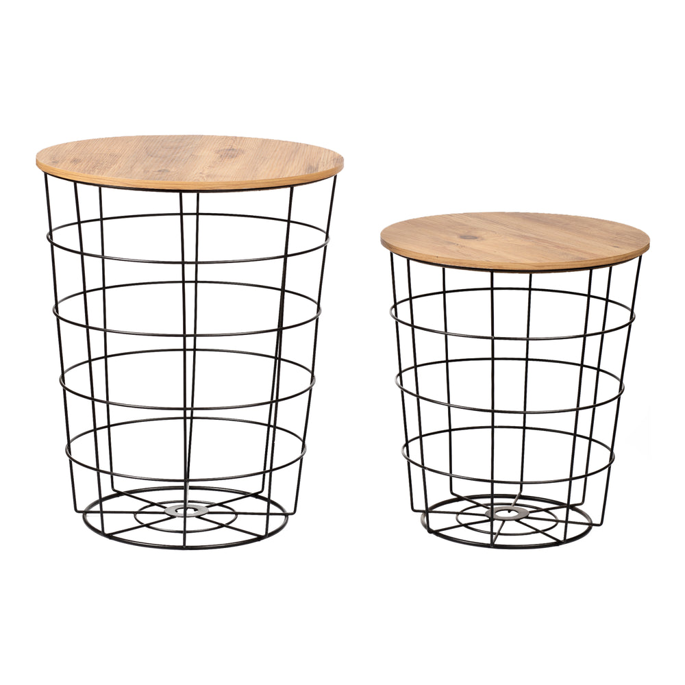 Beistelltisch - Set Hundested 2er Set Metallkorb Schwarz / Holzfarben [en.casa] - premiumXL