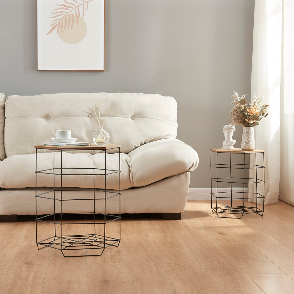 Beistelltisch - Set Hørsholm 2er Set Metallkorb Schwarz / Holzfarben [en.casa] - premiumXL