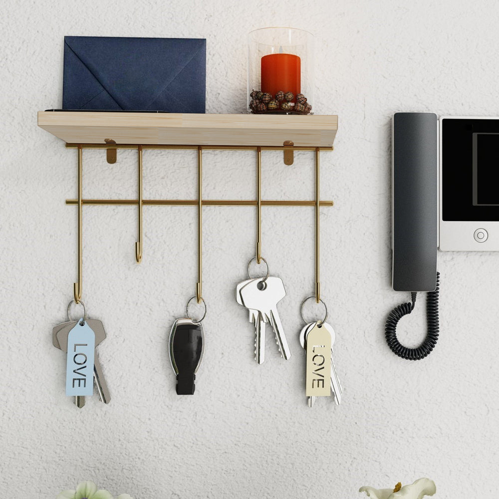Wandregal Parikkala mit 5 Haken Natur/Goldfarben [en.casa] - premiumXL