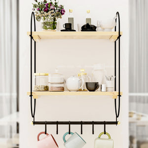 Półka ścienna Pielavesi z 6 haczykami czarna/naturalna [en.casa]