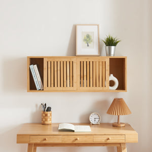 Grums półka ścienna z dwoma przesuwanymi drzwiami 92,5x20x33cm bambus [en.casa]