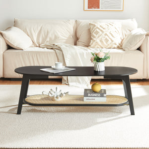 Stolik kawowy Taivalkoski 120x43x40 cm czarny/rattanowy [en.casa]