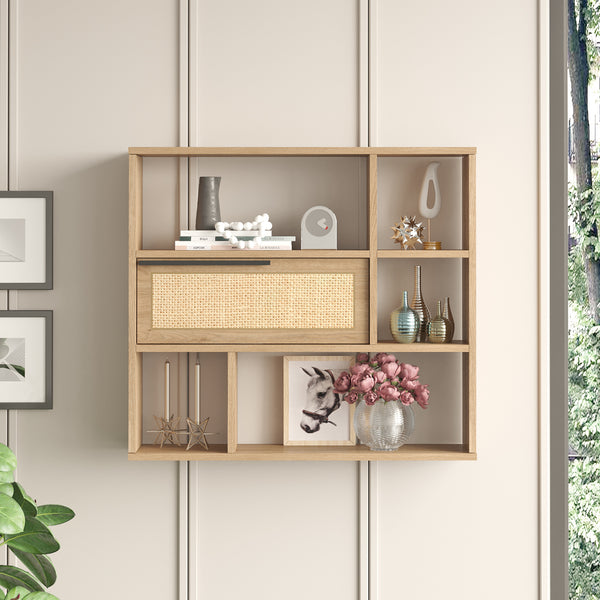 Półka ścienna Kvænangen 90x22x81cm dąb/rattan [en.casa]