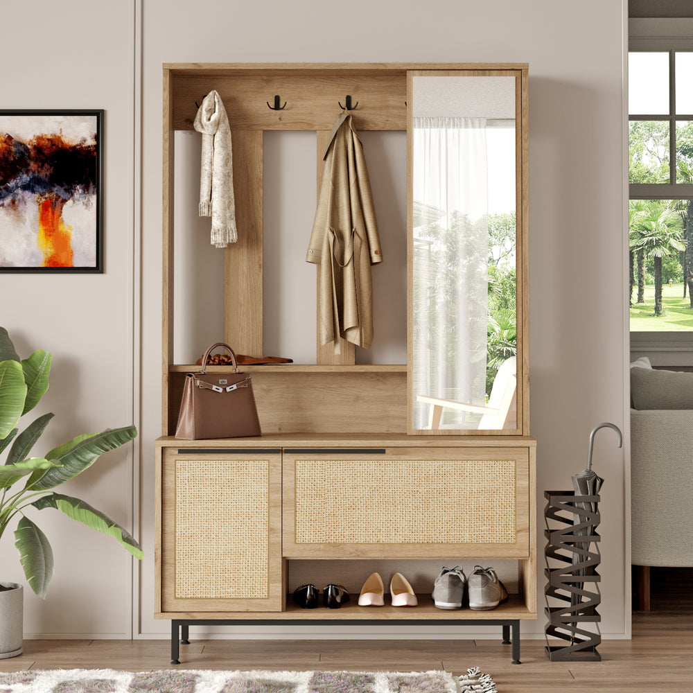 Kompaktgarderobe Kvænangen 78x112x36 cm Eiche/Rattanoptik [en.casa] - premiumXL