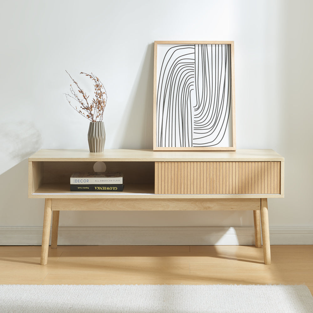 Fernsehtisch Landskrona 115x40x48 cm mit zwei Schiebetüren Eicheoptik [en.casa] - premiumXL