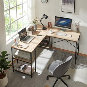 Biurko Klirurud z 2 półkami, w kształcie litery L, 150x150x75 cm, optyka dębu [en.casa]