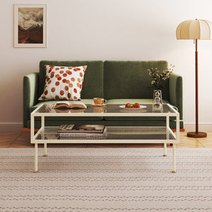 Stolik kawowy Lindau stalowy ze szklanym blatem 100x50x46 cm kremowy biały [en.casa]