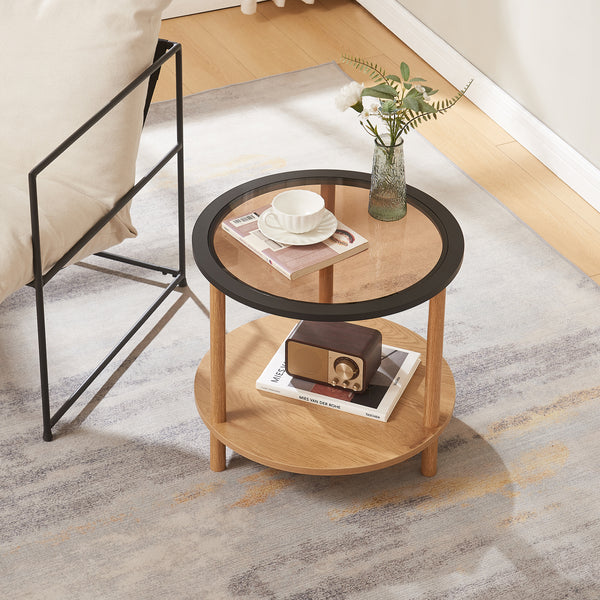 Stolik boczny Latama ze szklanym blatem Ø51x45 cm naturalny/czarny/brązowy [en.casa]