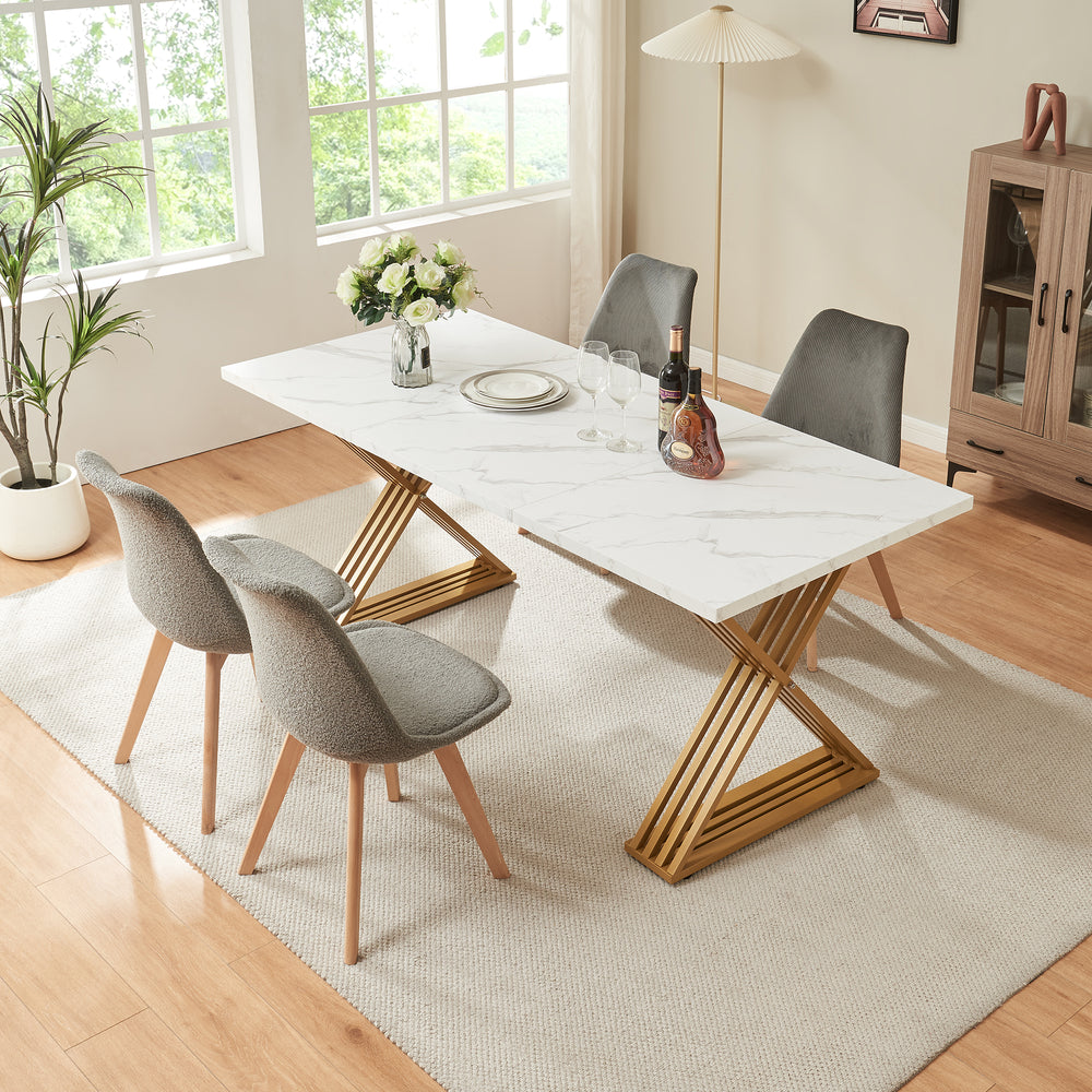 Stół do jadalni Hujaari dla 6 osób o marmurowym wyglądzie, biały/złoty [en.casa]