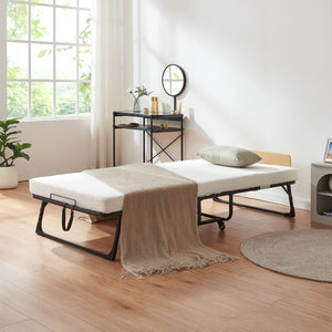 Metalowe łóżko składane Lustendi z materacem 200x90cm czarny/dąb [en.casa]
