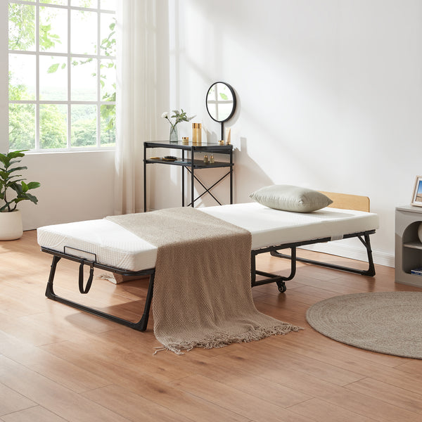 Metalowe łóżko składane Lustendi z materacem 200x90cm czarny/dąb [en.casa]