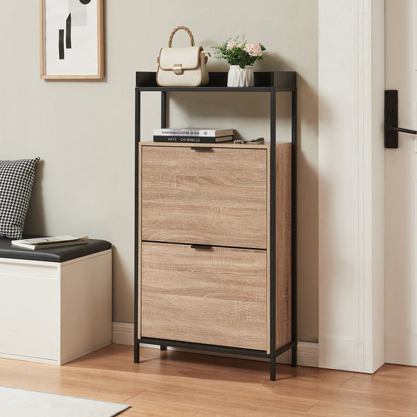 Wózek na buty Belana z 2 klapami 116x60x24 cm czarny/dąb [en.casa]