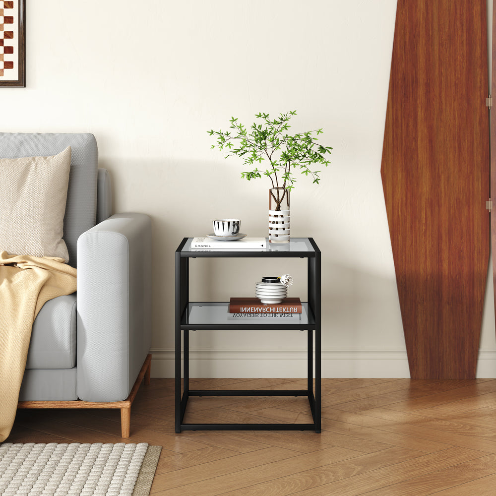 Stolik boczny Tronevn ze szklanym blatem 50x40x40 cm czarny [en.casa]