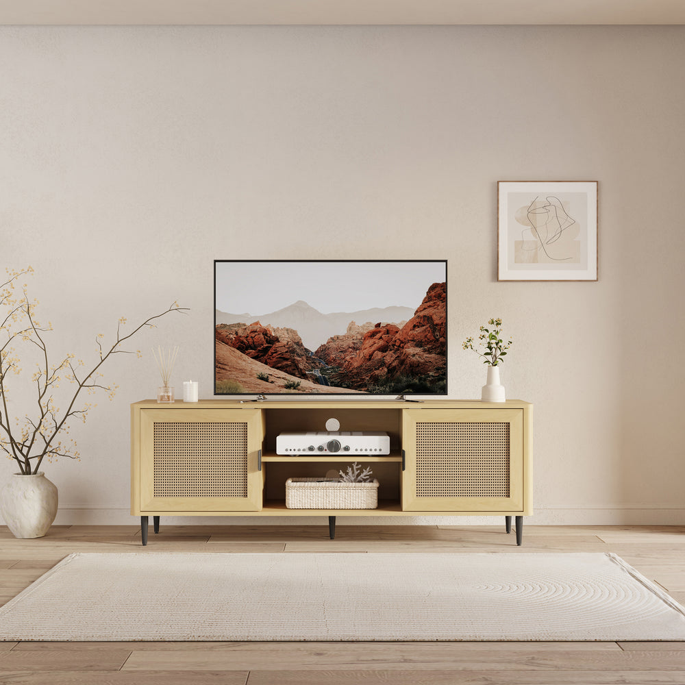 Szafka RTV Lukhomso 152x40x54 cm w optyce dębu/optyce rattanu [en.casa]
