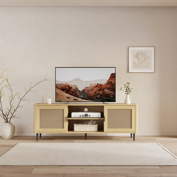 Szafka RTV Lukhomso 152x40x54 cm w optyce dębu/optyce rattanu [en.casa]
