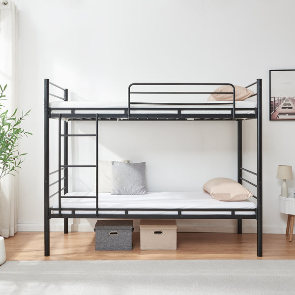 Metalowe łóżko piętrowe Bevapis z 2 materacami 90x200 cm czarne [en.casa]