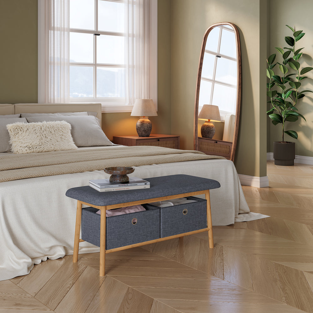 Ławka Vad z 2 pojemnikami do przechowywania 90x30x45 cm naturalny/szary [en.casa]