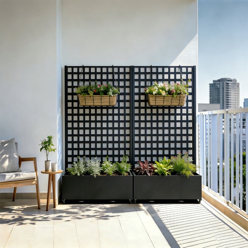 Przegroda Toma z donicą na kwiaty ze stali 190x82x38 cm czarna [casa.pro]