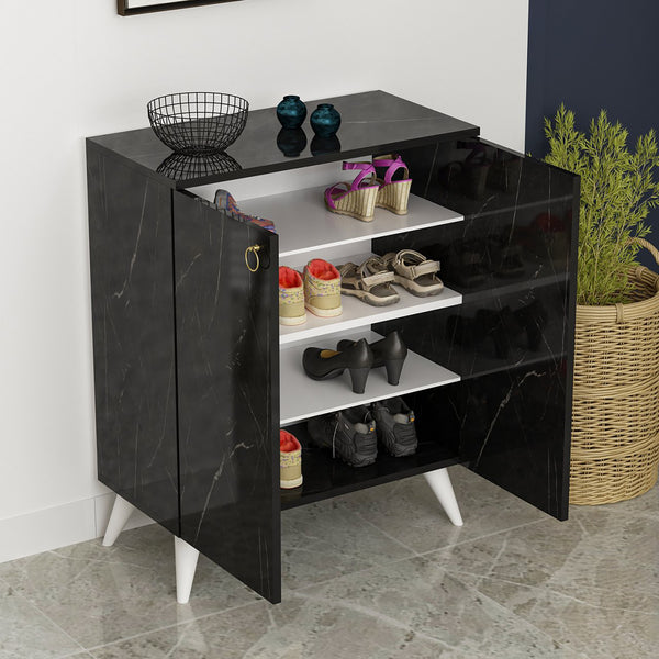 Szafka na buty Gjern z 2 drzwiami, imitacja marmuru, czarna [en.casa]