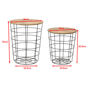 Zestaw stolików bocznych Hundested 2-częściowy zestaw metalowy kosz czarny / kolory drewna [en.casa]