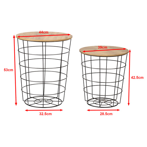 Zestaw stolików bocznych Hundested 2-częściowy zestaw metalowy kosz czarny / kolory drewna [en.casa]