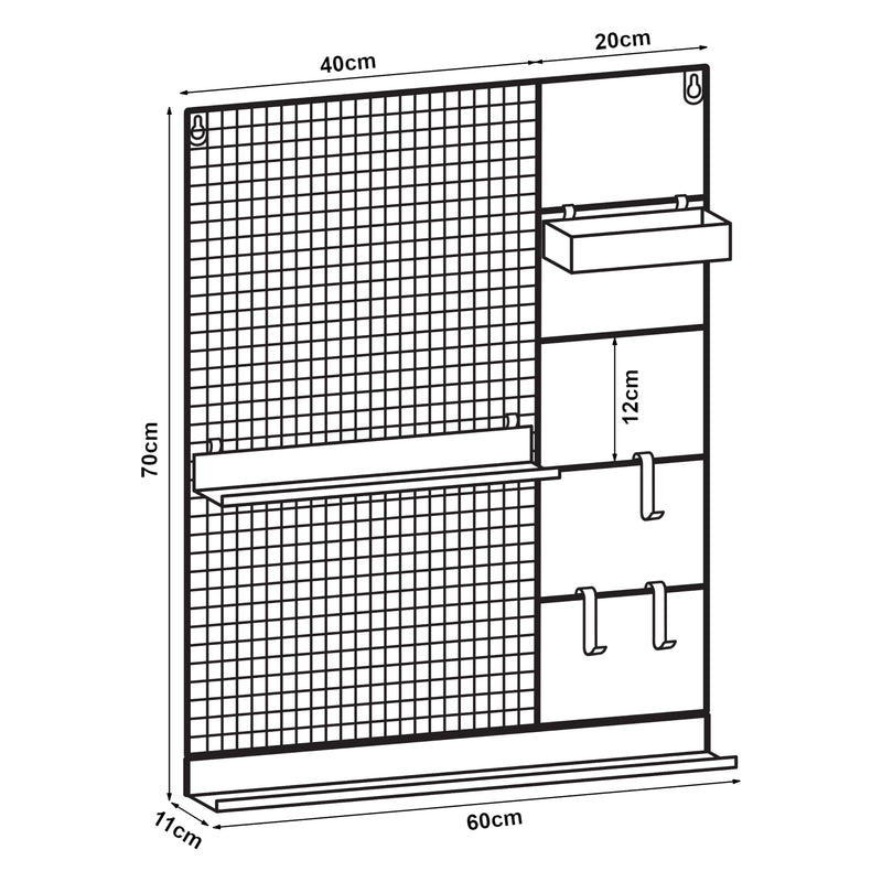 Szkic wymiarowy Kratka ścienna Westre 70x60x11cm metalowa czarna [en.casa]
