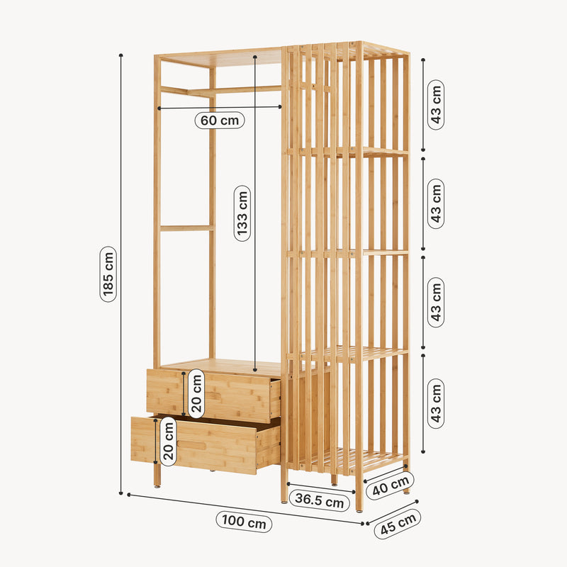 Szkic wymiarowy Stojak na ubrania Varanger 185x100x45 cm bambus [en.casa]