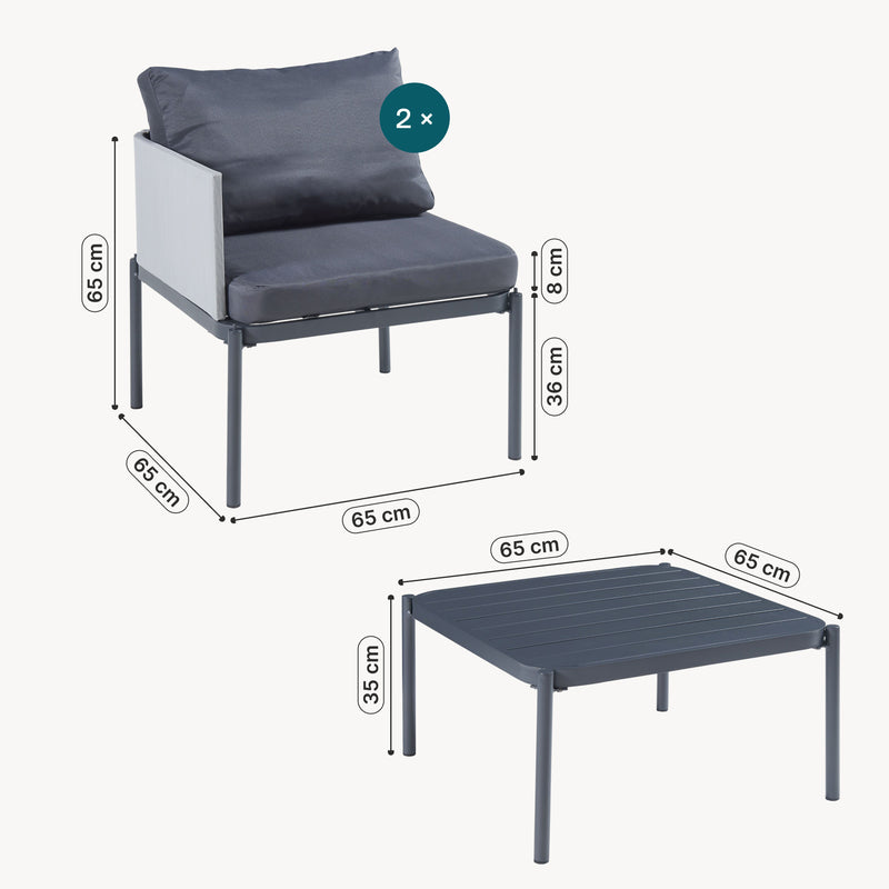Szkic wymiarowy Zestaw mebli ogrodowych Accettura 3-częściowy Aluminium Szary [casa.pro]