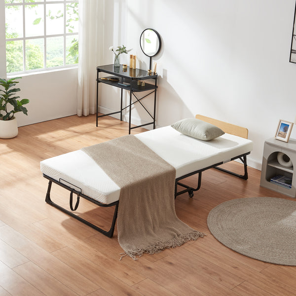 Metalowe łóżko składane Lustendi z materacem 200x90cm czarny/dąb [en.casa]