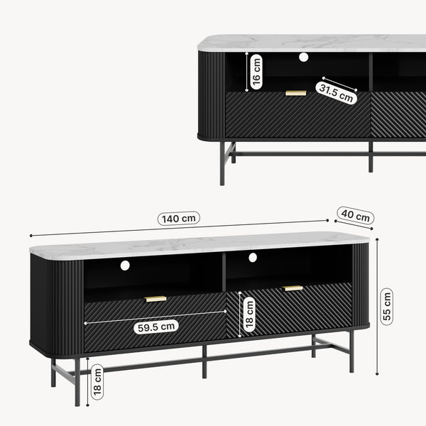 TV-Lowboard Olvehok 140x40x55 cm Czarny/efekt marmuru, biały [en.casa]