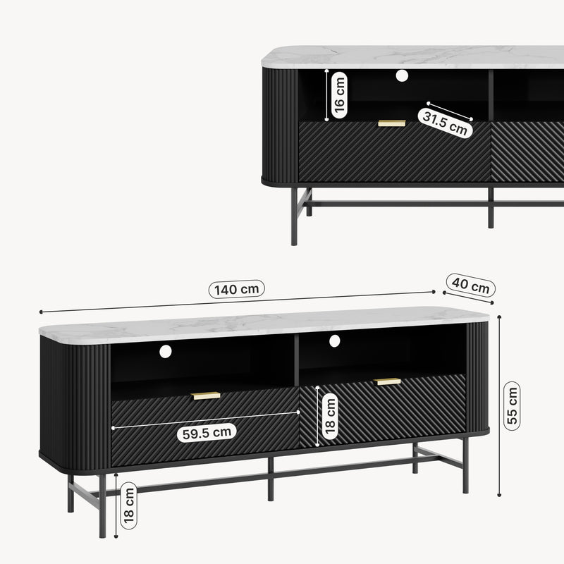 Szkic wymiarowy TV-Lowboard Olvehok 140x40x55 cm Czarny/efekt marmuru, biały [en.casa]