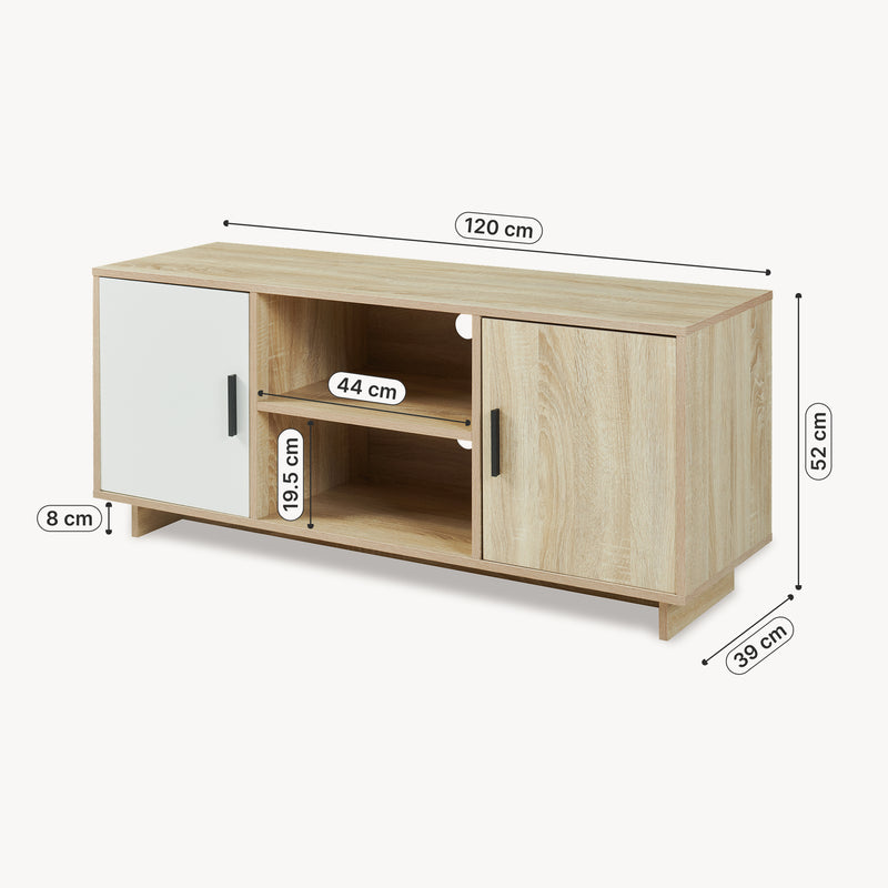 Szkic wymiarowy Szafka RTV Kenta 120x39x52 cm Sonoma-dąb/ biały [en.casa]