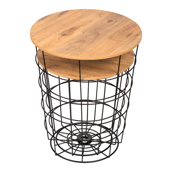 Zestaw stolików bocznych Hundested 2-częściowy zestaw metalowy kosz czarny / kolory drewna [en.casa]