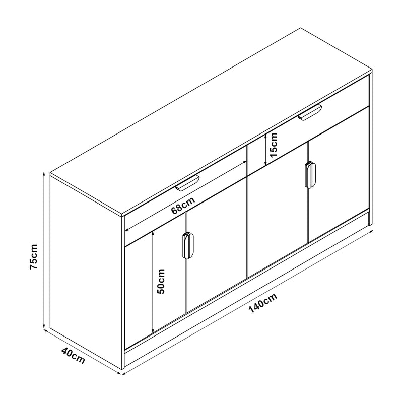 Szkic wymiarowy Sideboard Varkaus 75x140x40cm MDF w optyce dębu [en.casa]