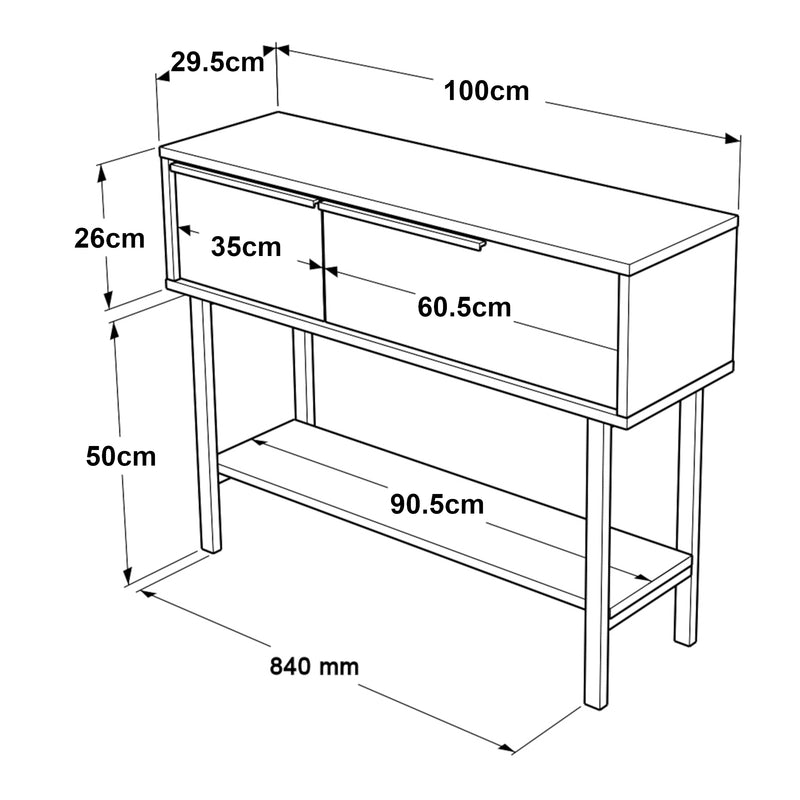 Szkic wymiarowy Konsola Kvænangen 100x30x76 cm dąb/rattan [en.casa]