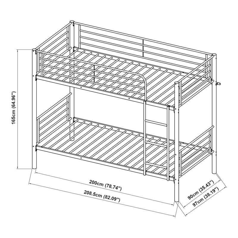 Szkic wymiarowy Łóżko piętrowe metalowe Soppsar 208,5x97x165 cm srebrne [en.casa]