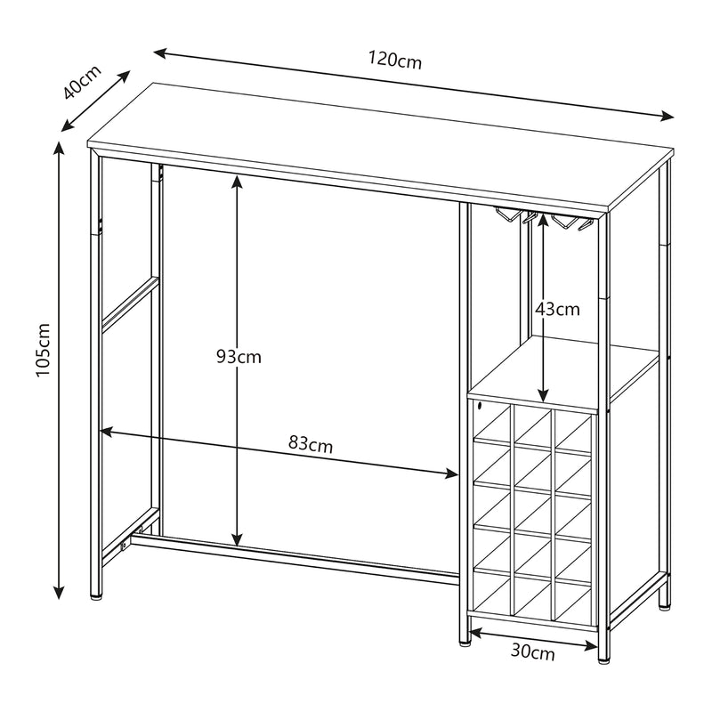Szkic wymiarowy Stół barowy Trøndelag 120x40x105 cm ze stojakiem na 15 butelek wina [en.casa]