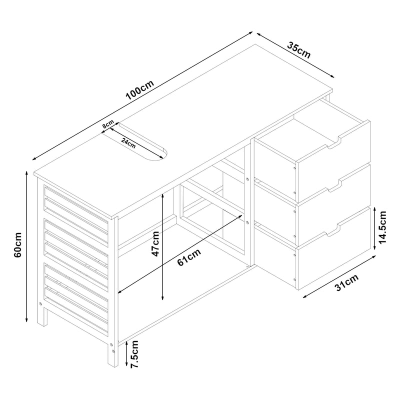 Szkic wymiarowy Szafka pod umywalkę Boksereys 60x100x35 cm bambus naturalny [en.casa]