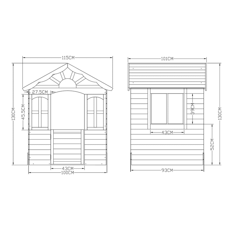 Szkic wymiarowy Domek do zabawy dla dzieci Lulä 130x115x101 cm drewno [casa.pro]