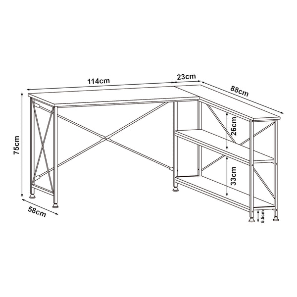 Biurko Raundsvalt z 1 półką w kształcie litery L 137x88x75 cm czarne [en.casa]