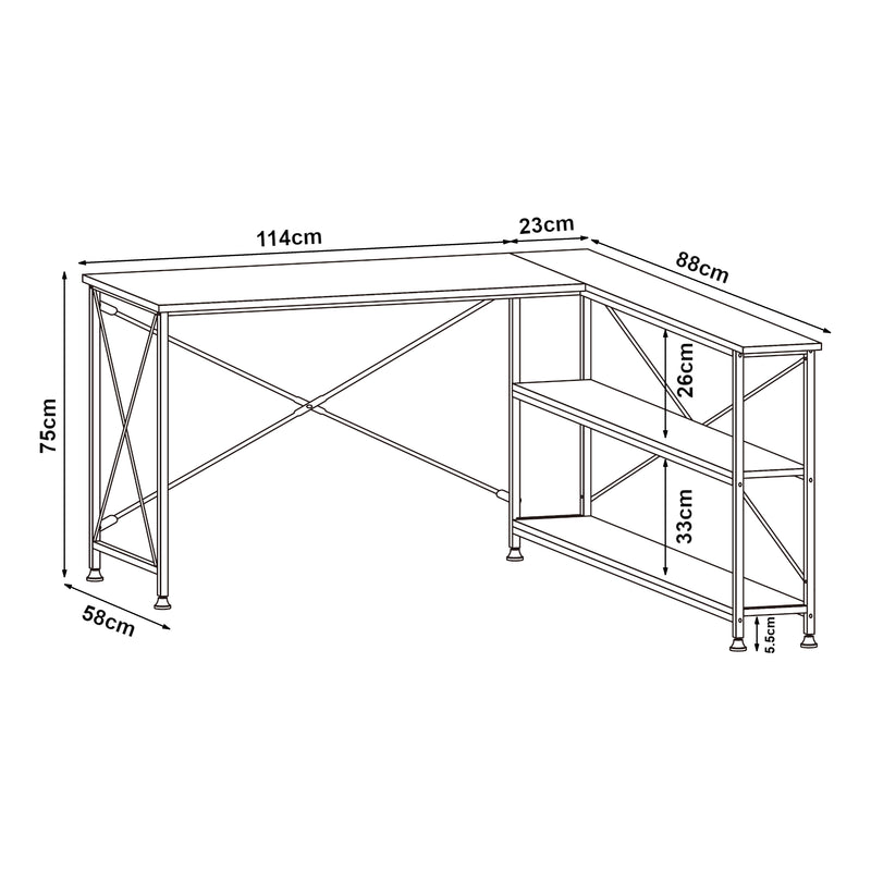 Szkic wymiarowy Biurko Raundsvalt z 1 półką w kształcie litery L 137x88x75 cm czarne [en.casa]