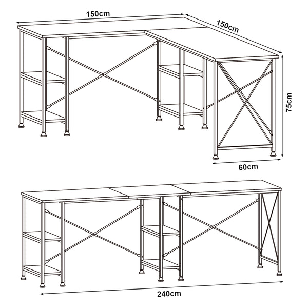 Biurko Klirurud z 2 półkami, w kształcie litery L, 150x150x75 cm, optyka dębu [en.casa]