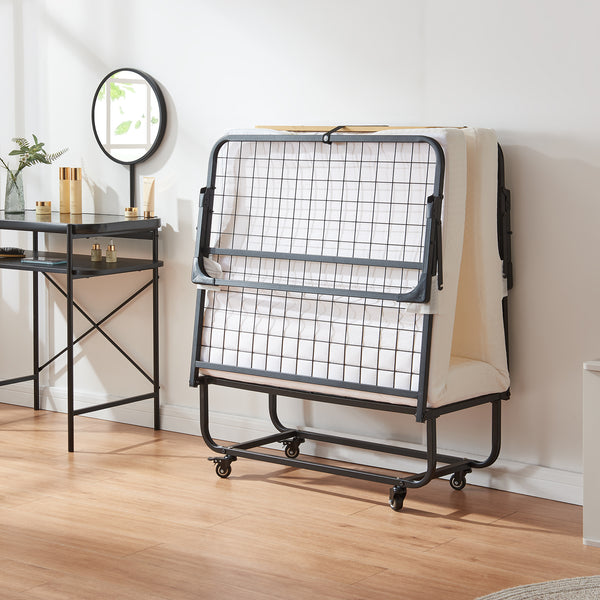 Metalowe łóżko składane Lustendi z materacem 200x90cm czarny/dąb [en.casa]