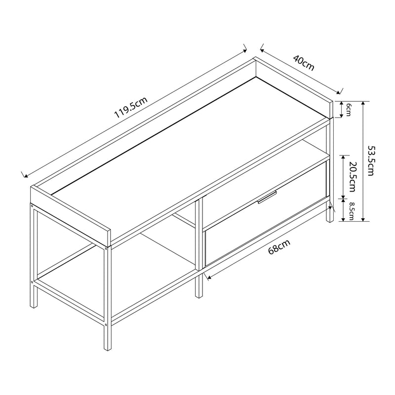 Szkic wymiarowy Stolik TV Belana 120x40x54 cm czarny/dąb [en.casa]